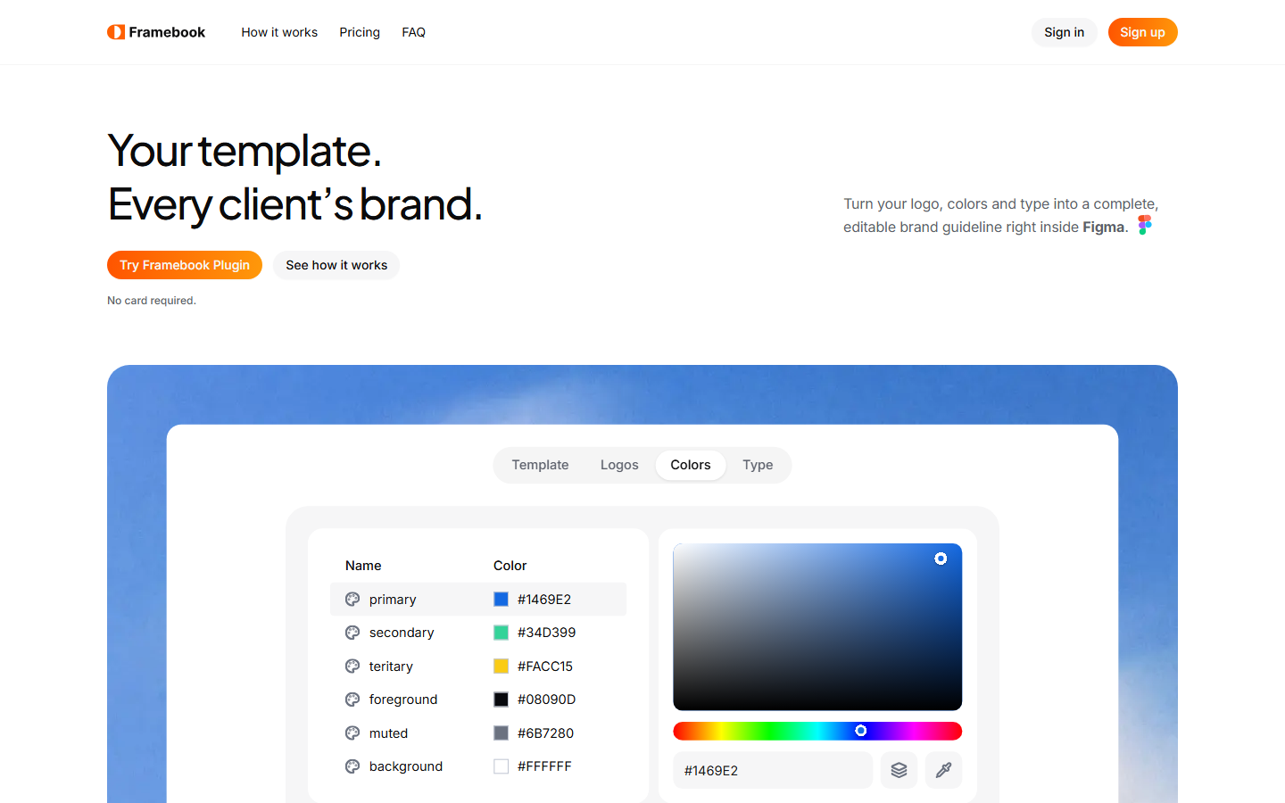 Framebook landing page with the headline 'Your template. Every client's brand.' above the plugin's color editor