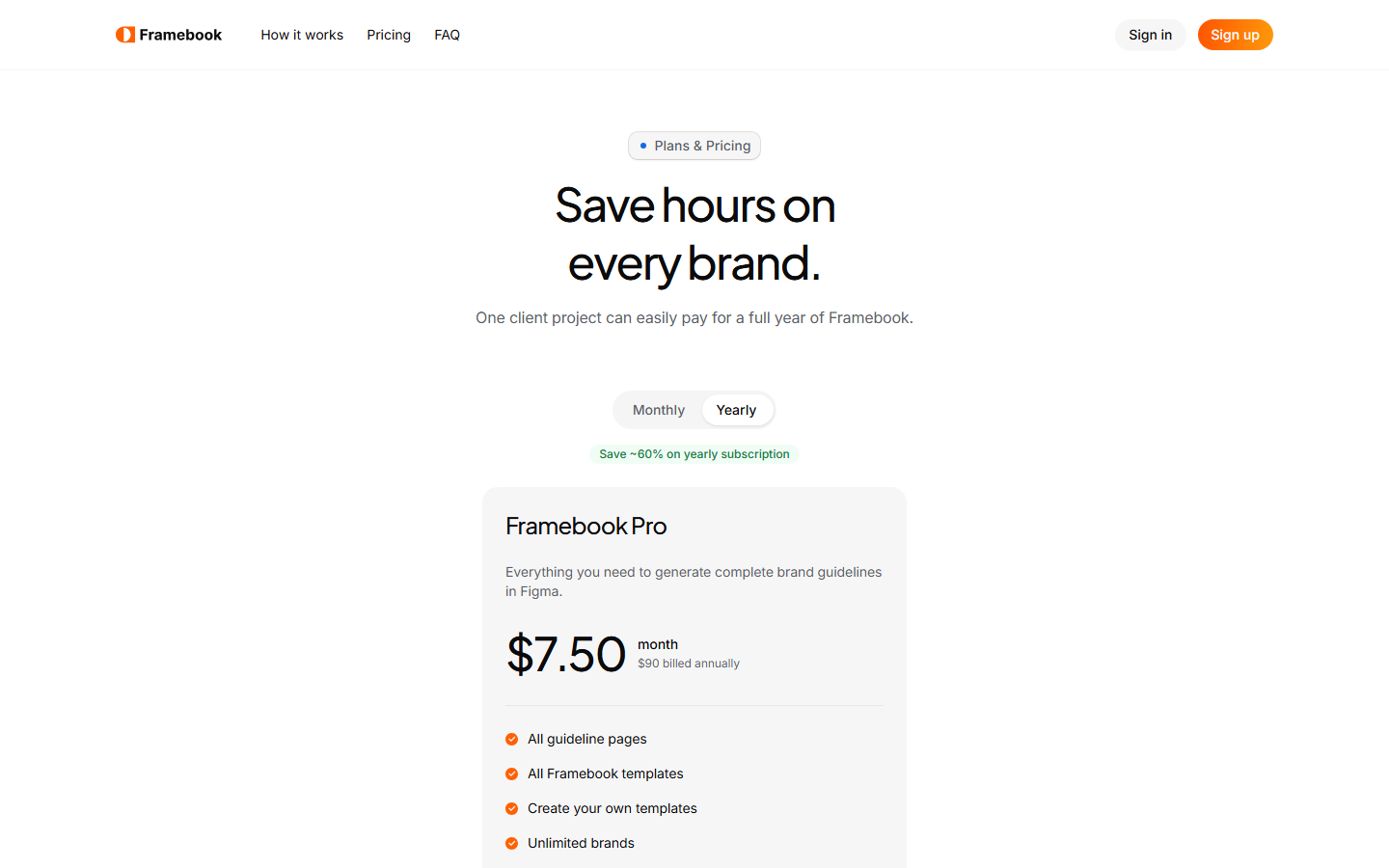 Framebook Pro pricing: $7.50 per month billed annually at $90 per year