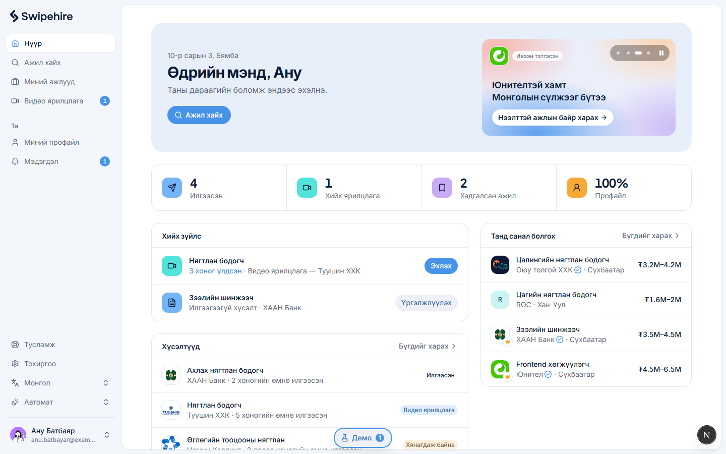 Candidate dashboard with counts for sent applications and interviews, a to-do list, application statuses, and recommended jobs with salary ranges